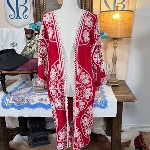 Red Embroidered Floral Duster Kimono